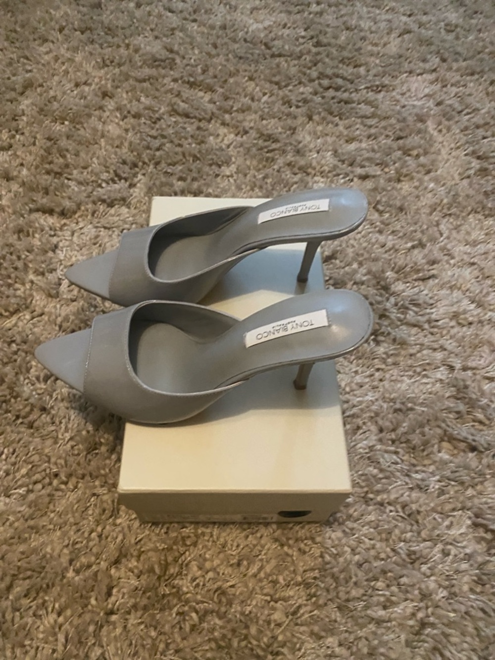 Tony Bianco “Makenzie” Grey Patent Pointed Toe Slide Mules - Picture 4 of 8